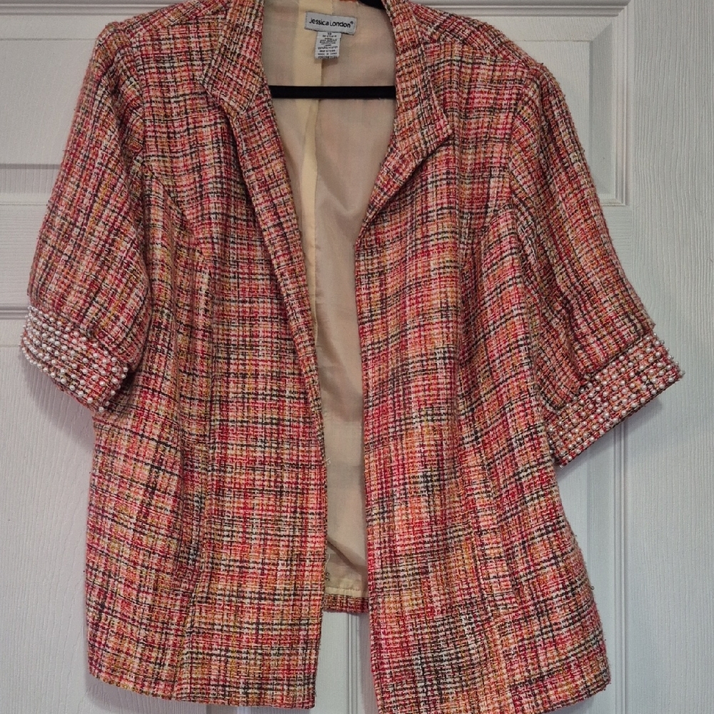 Jessica London Multi-Color Tweed Short Sleeve Blazer in Pink and Cream